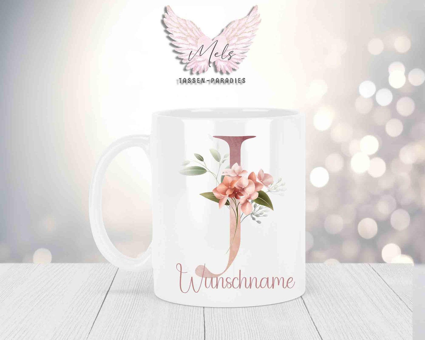 Personalisierte Keramik-Tasse in Weiß-mit Blumen-Alphabet & Namen