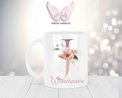 Personalisierte Keramik-Tasse in Weiß-mit Blumen-Alphabet & Namen