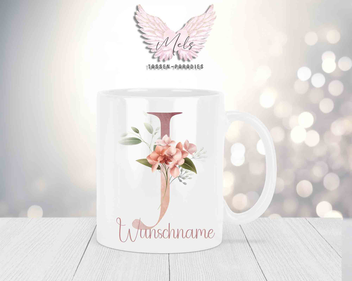 Personalisierte Keramik-Tasse in Weiß-mit Blumen-Alphabet & Namen