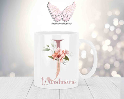 Personalisierte Keramik-Tasse in Weiß-mit Blumen-Alphabet & Namen