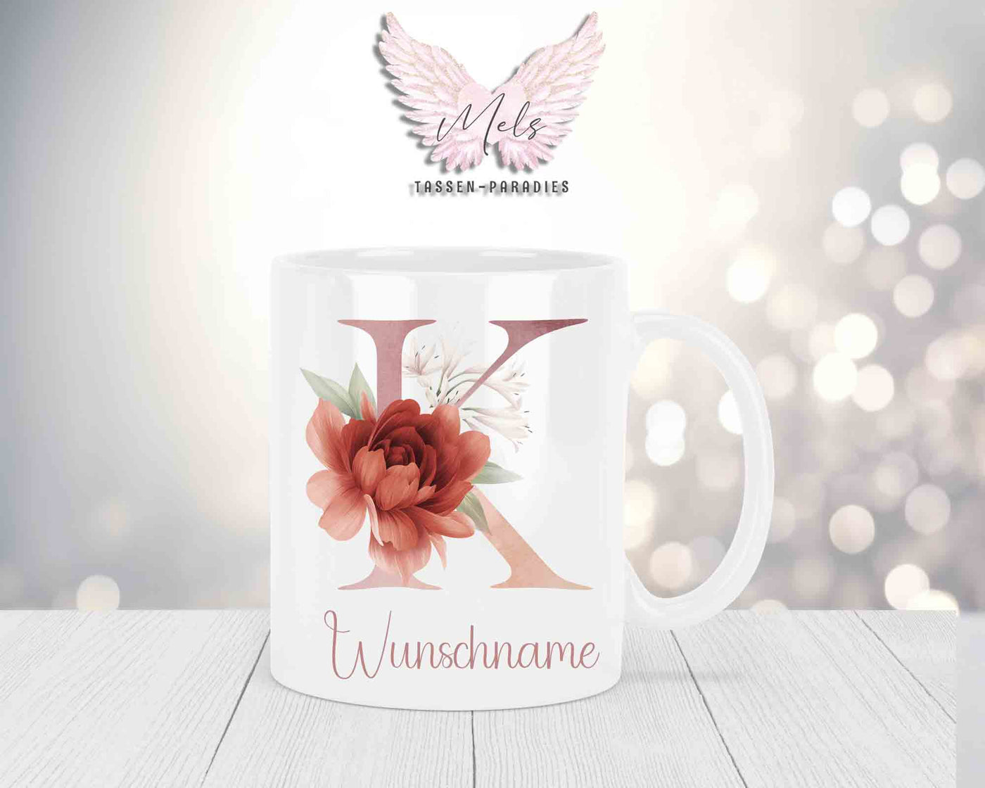 Personalisierte Keramik-Tasse in Weiß-mit Blumen-Alphabet & Namen