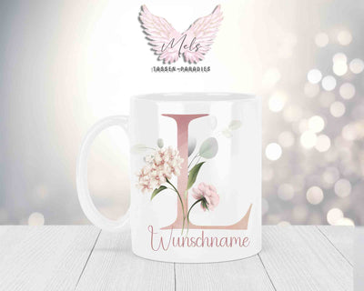 Personalisierte Keramik-Tasse in Weiß-mit Blumen-Alphabet & Namen