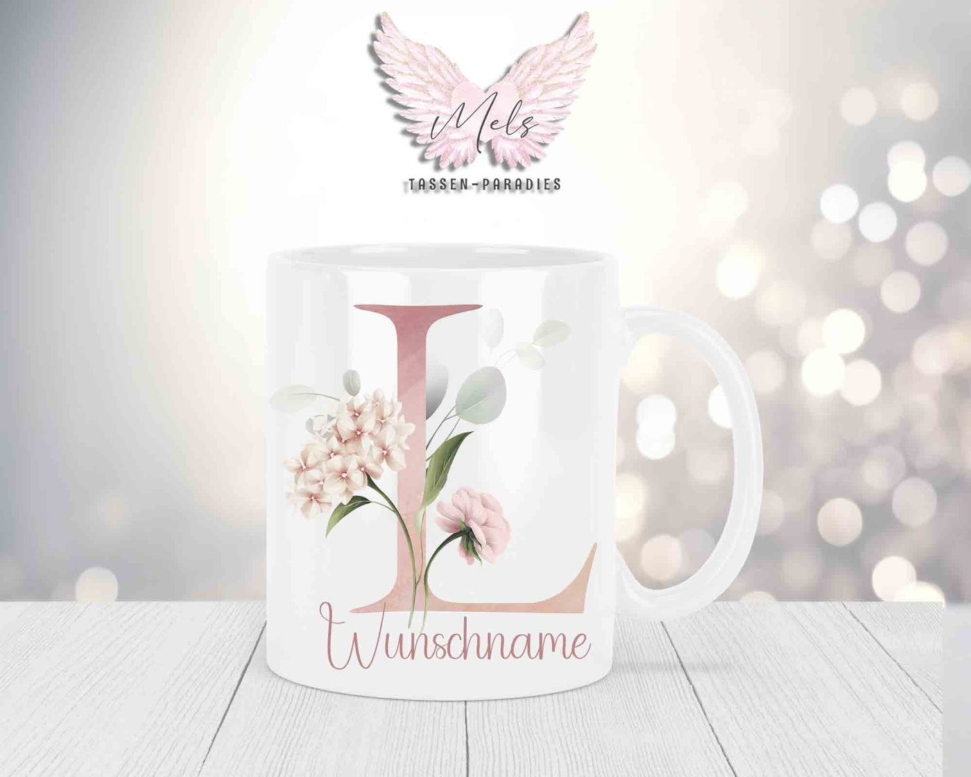 Personalisierte Keramik-Tasse in Weiß-mit Blumen-Alphabet & Namen