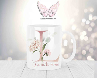 Personalisierte Keramik-Tasse in Weiß-mit Blumen-Alphabet & Namen