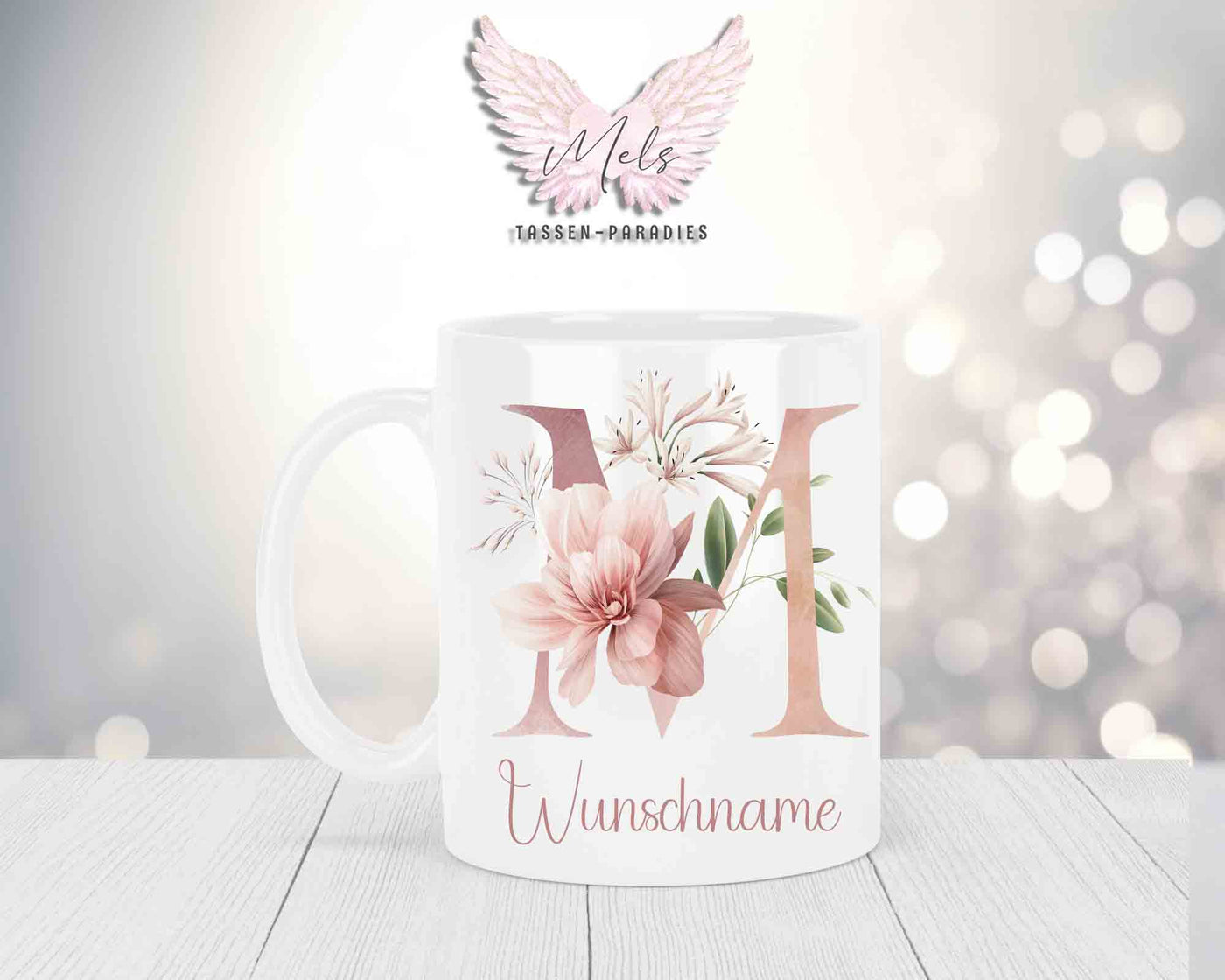 Personalisierte Keramik-Tasse in Weiß-mit Blumen-Alphabet & Namen