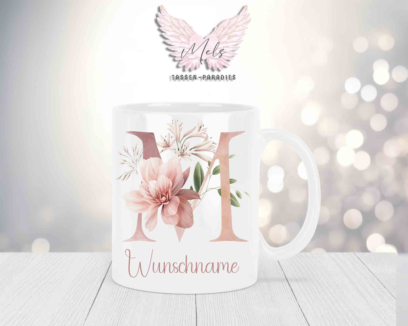 Personalisierte Keramik-Tasse in Weiß-mit Blumen-Alphabet & Namen
