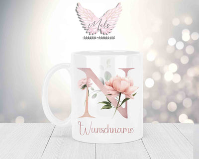 Personalisierte Keramik-Tasse in Weiß-mit Blumen-Alphabet & Namen
