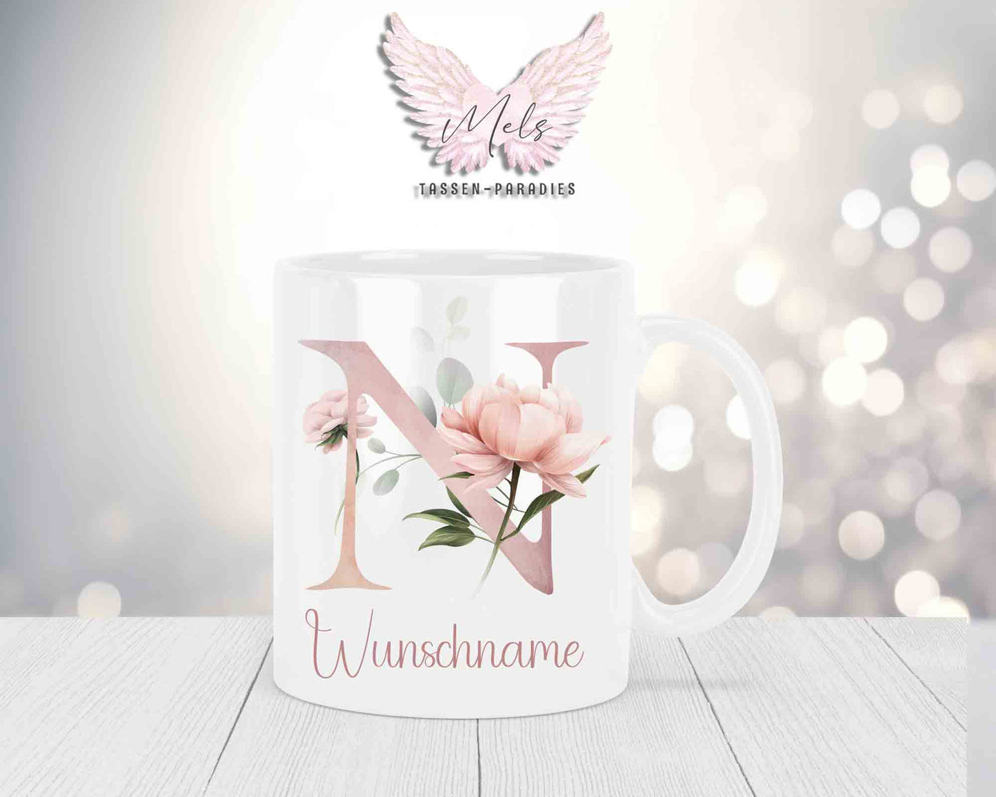 Personalisierte Keramik-Tasse in Weiß-mit Blumen-Alphabet & Namen