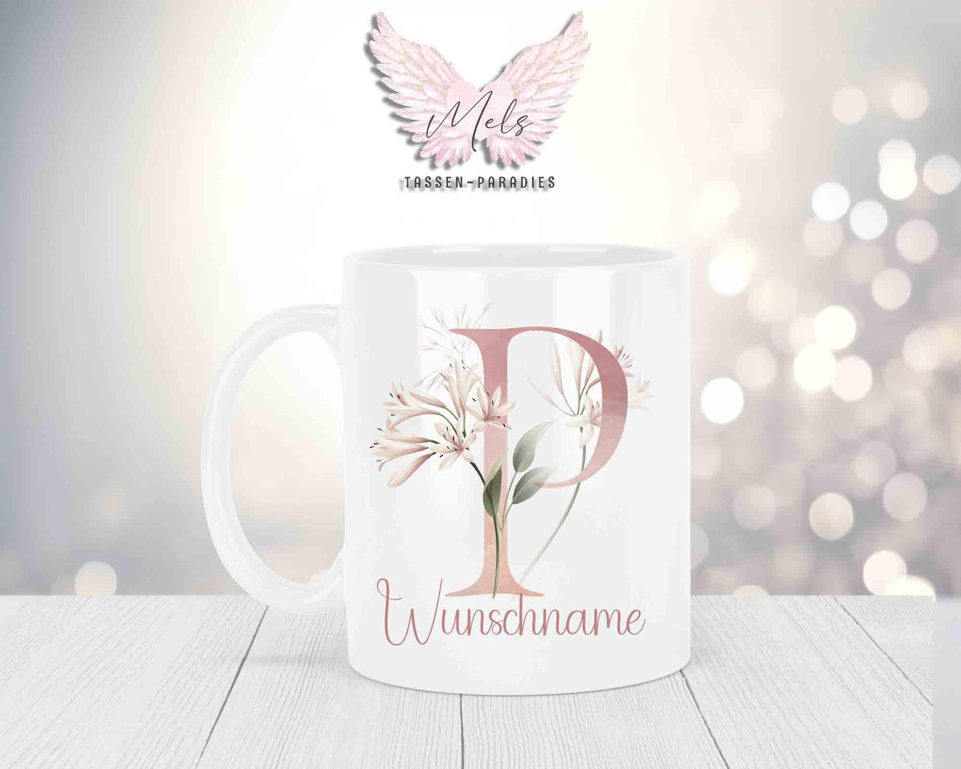 Personalisierte Keramik-Tasse in Weiß-mit Blumen-Alphabet & Namen