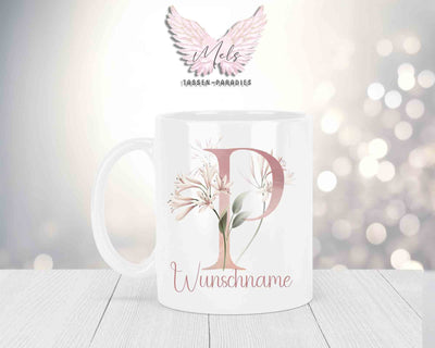 Personalisierte Keramik-Tasse in Weiß-mit Blumen-Alphabet & Namen