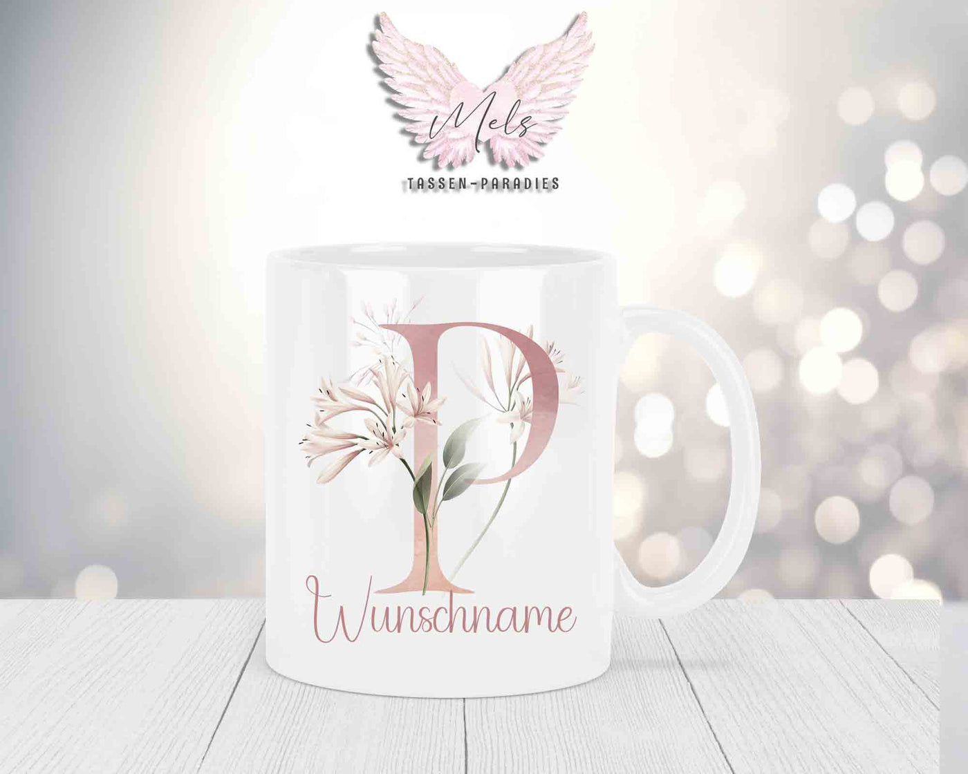 Personalisierte Keramik-Tasse in Weiß-mit Blumen-Alphabet & Namen
