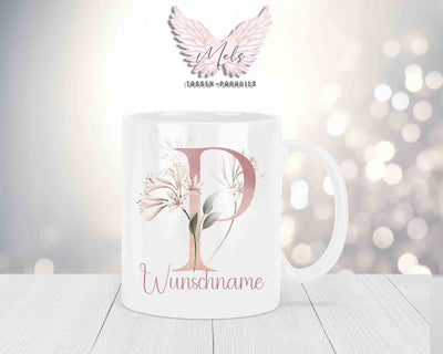 Personalisierte Keramik-Tasse in Weiß-mit Blumen-Alphabet & Namen