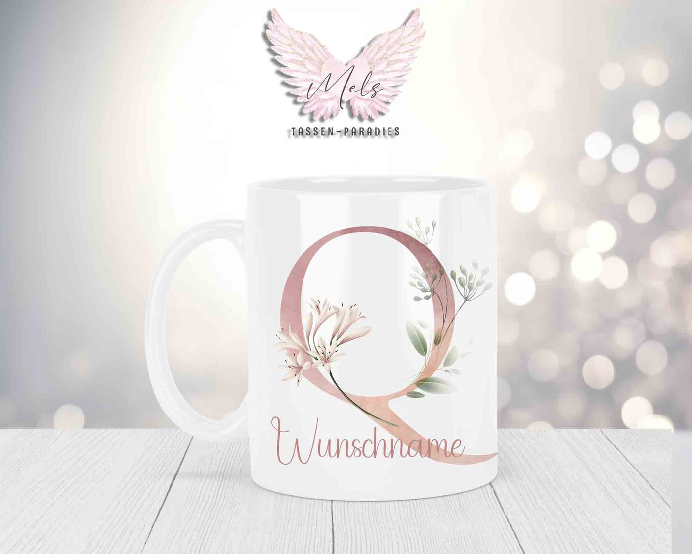 Personalisierte Keramik-Tasse in Weiß-mit Blumen-Alphabet & Namen