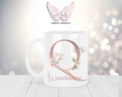 Personalisierte Keramik-Tasse in Weiß-mit Blumen-Alphabet & Namen