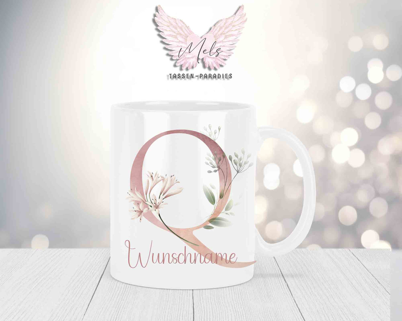 Personalisierte Keramik-Tasse in Weiß-mit Blumen-Alphabet & Namen