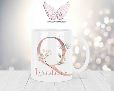 Personalisierte Keramik-Tasse in Weiß-mit Blumen-Alphabet & Namen