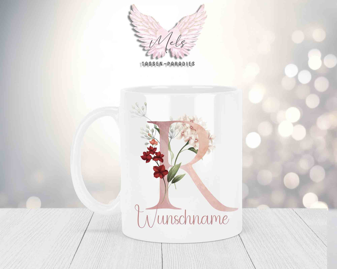 Personalisierte Keramik-Tasse in Weiß-mit Blumen-Alphabet & Namen