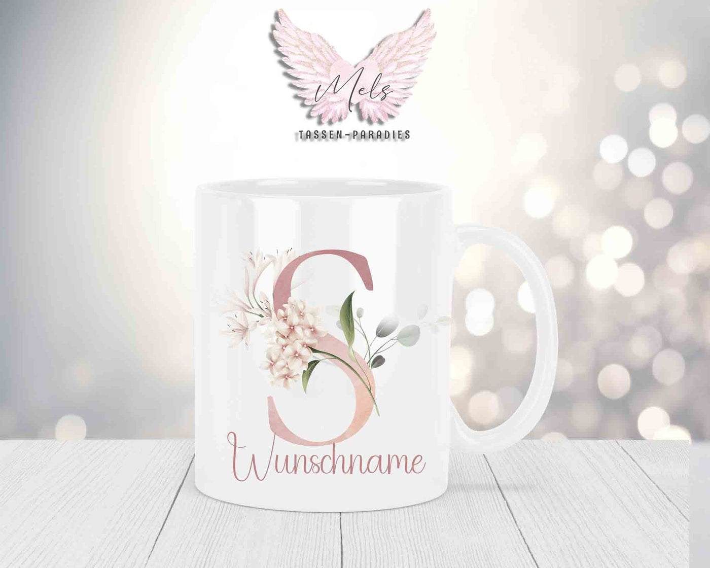 Personalisierte Keramik-Tasse in Weiß-mit Blumen-Alphabet & Namen