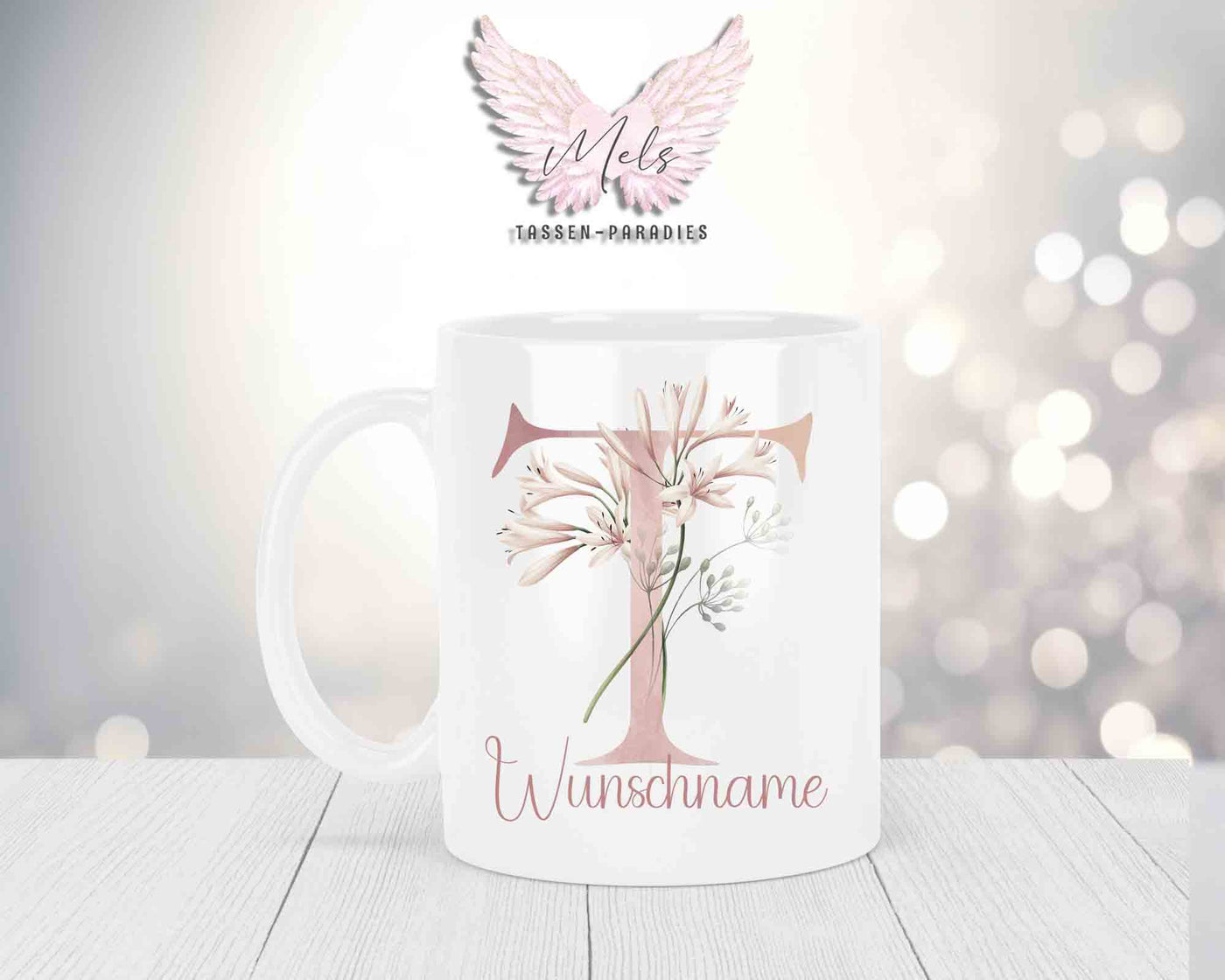 Personalisierte Keramik-Tasse in Weiß-mit Blumen-Alphabet & Namen