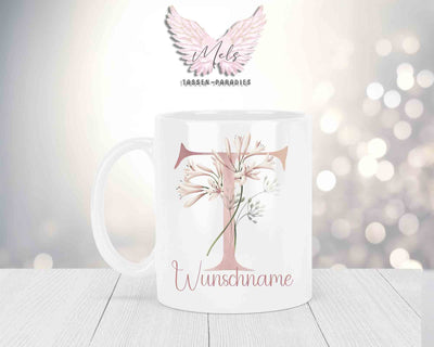 Personalisierte Keramik-Tasse in Weiß-mit Blumen-Alphabet & Namen