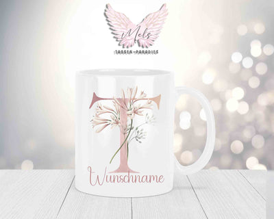 Personalisierte Keramik-Tasse in Weiß-mit Blumen-Alphabet & Namen