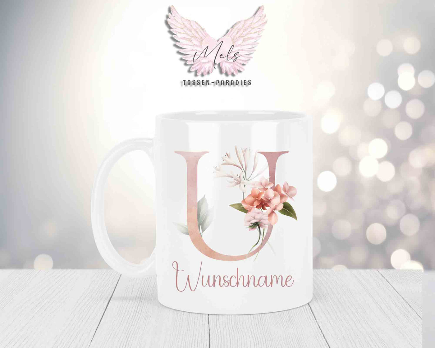 Personalisierte Keramik-Tasse in Weiß-mit Blumen-Alphabet & Namen