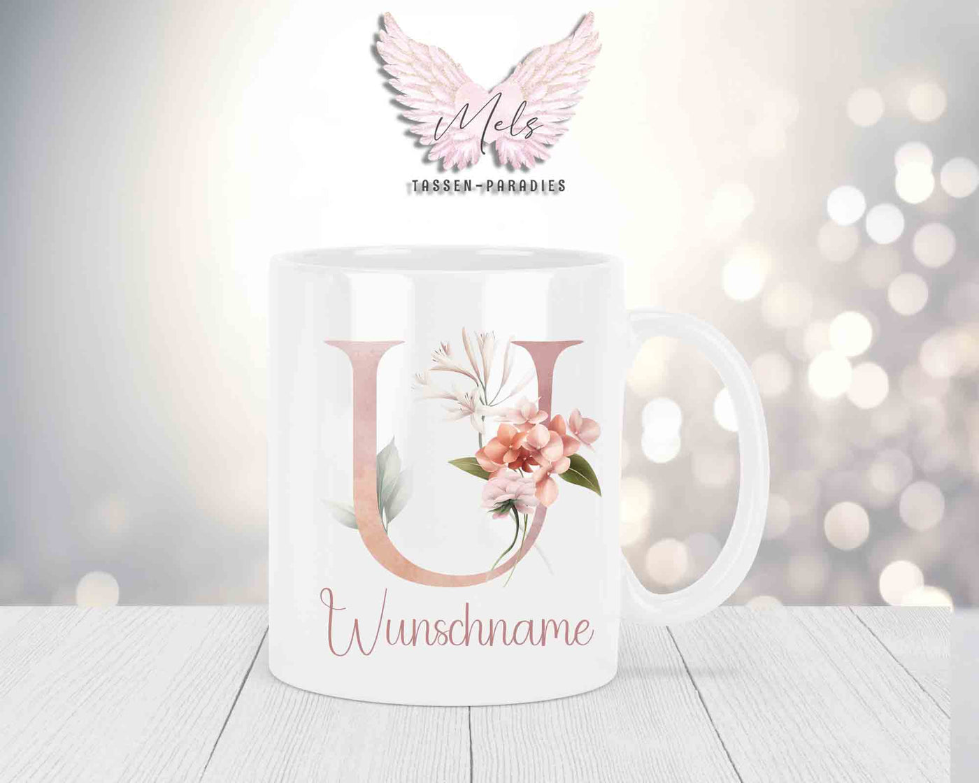 Personalisierte Keramik-Tasse in Weiß-mit Blumen-Alphabet & Namen