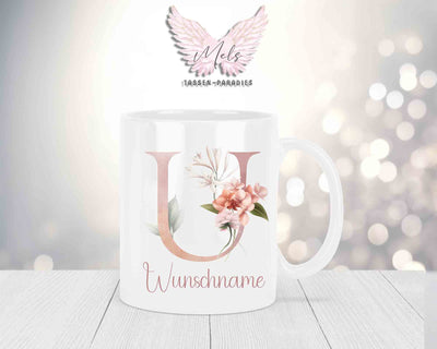 Personalisierte Keramik-Tasse in Weiß-mit Blumen-Alphabet & Namen