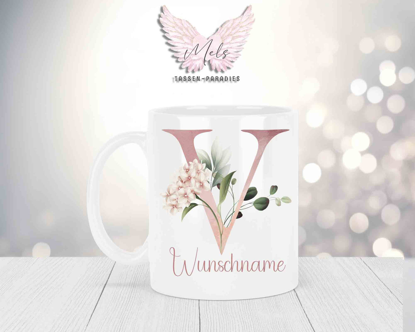 Personalisierte Keramik-Tasse in Weiß-mit Blumen-Alphabet & Namen