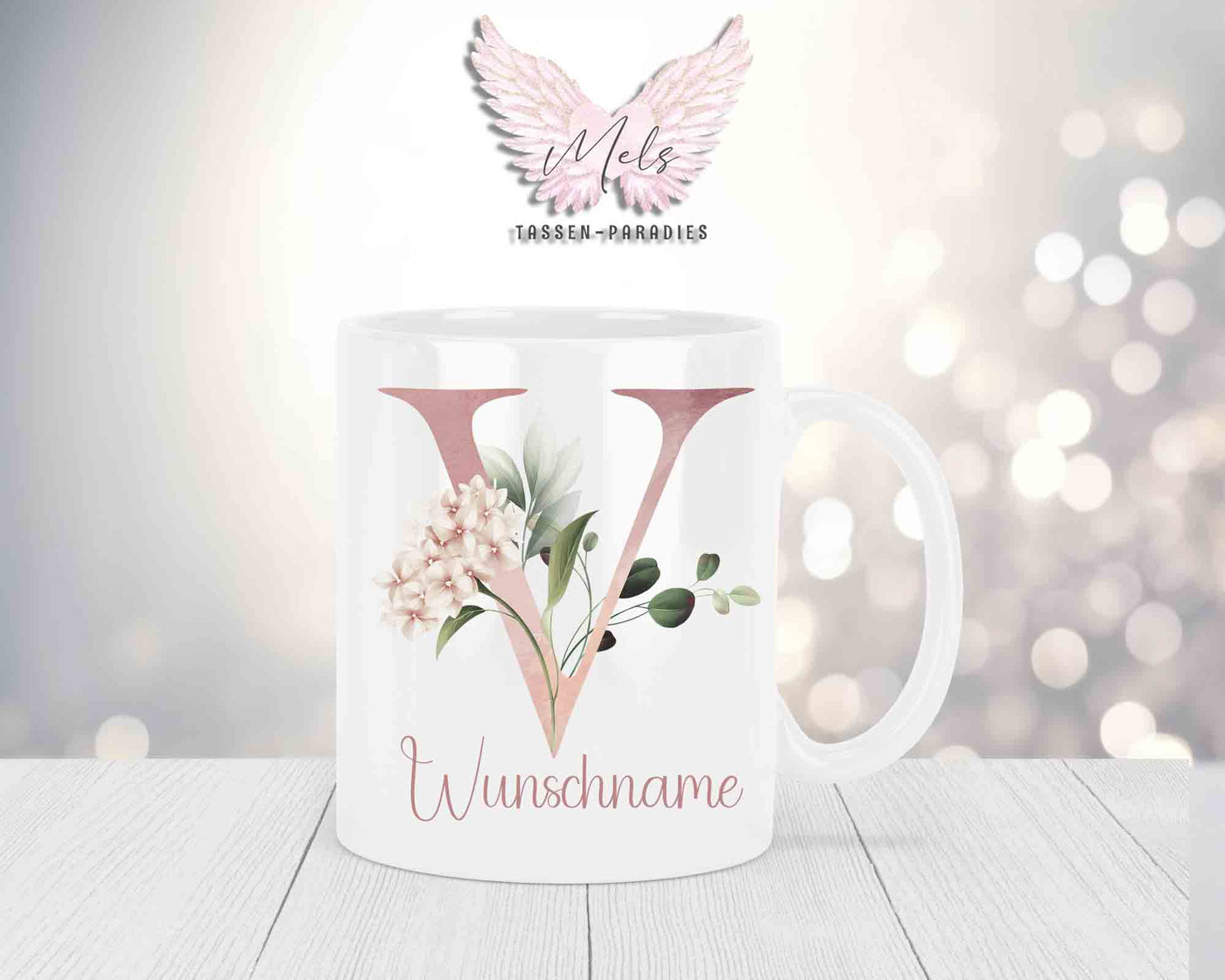 Personalisierte Keramik-Tasse in Weiß-mit Blumen-Alphabet & Namen