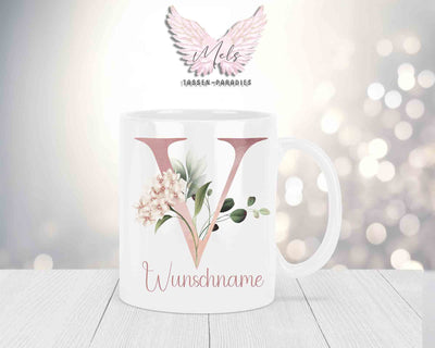 Personalisierte Keramik-Tasse in Weiß-mit Blumen-Alphabet & Namen