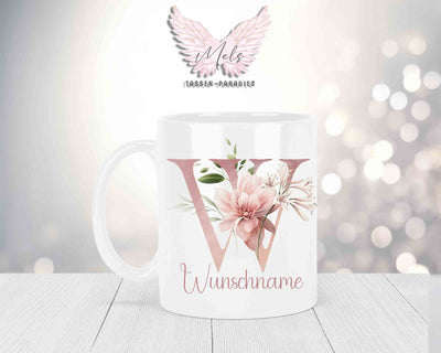 Personalisierte Keramik-Tasse in Weiß-mit Blumen-Alphabet & Namen