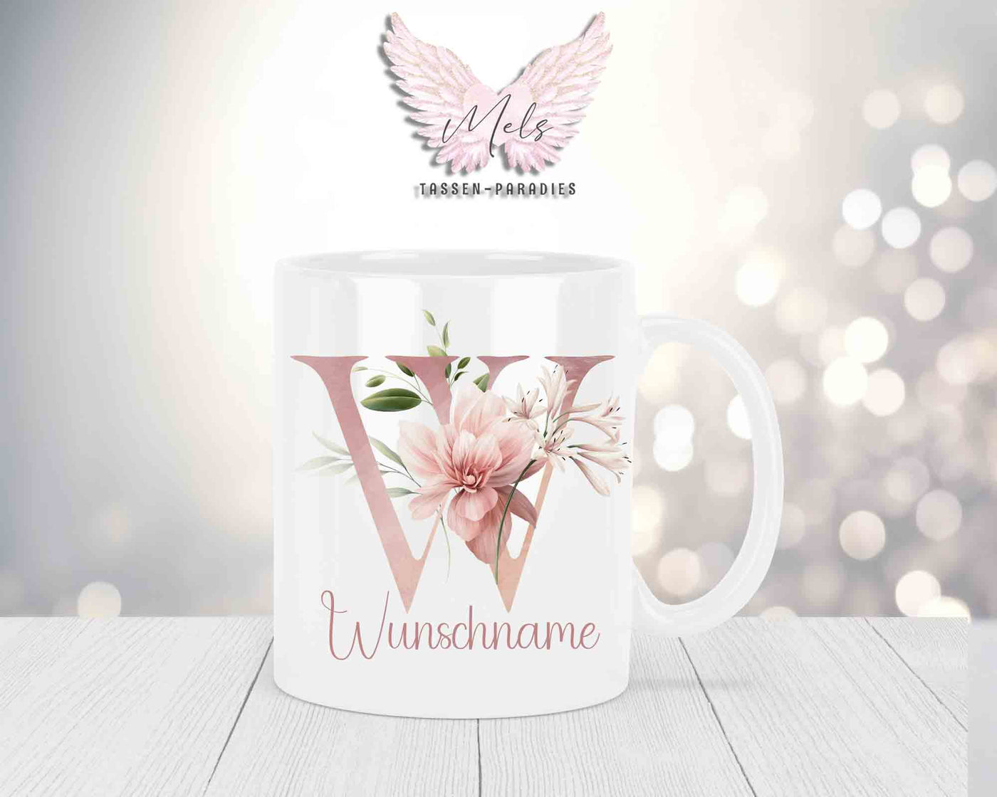Personalisierte Keramik-Tasse in Weiß-mit Blumen-Alphabet & Namen