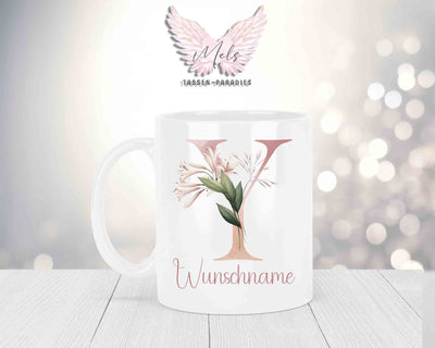 Personalisierte Keramik-Tasse in Weiß-mit Blumen-Alphabet & Namen