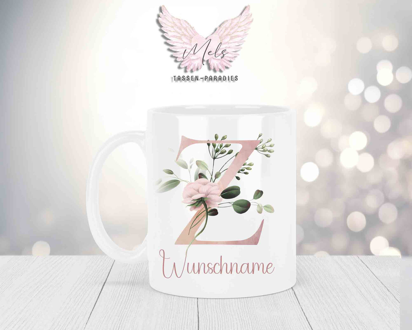 Personalisierte Keramik-Tasse in Weiß-mit Blumen-Alphabet & Namen