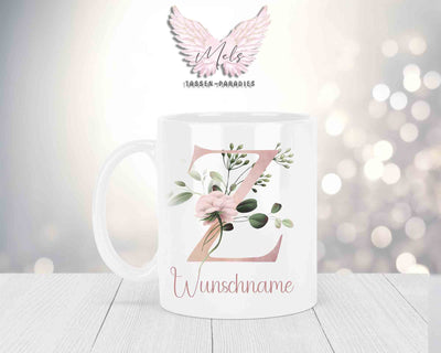 Personalisierte Keramik-Tasse in Weiß-mit Blumen-Alphabet & Namen