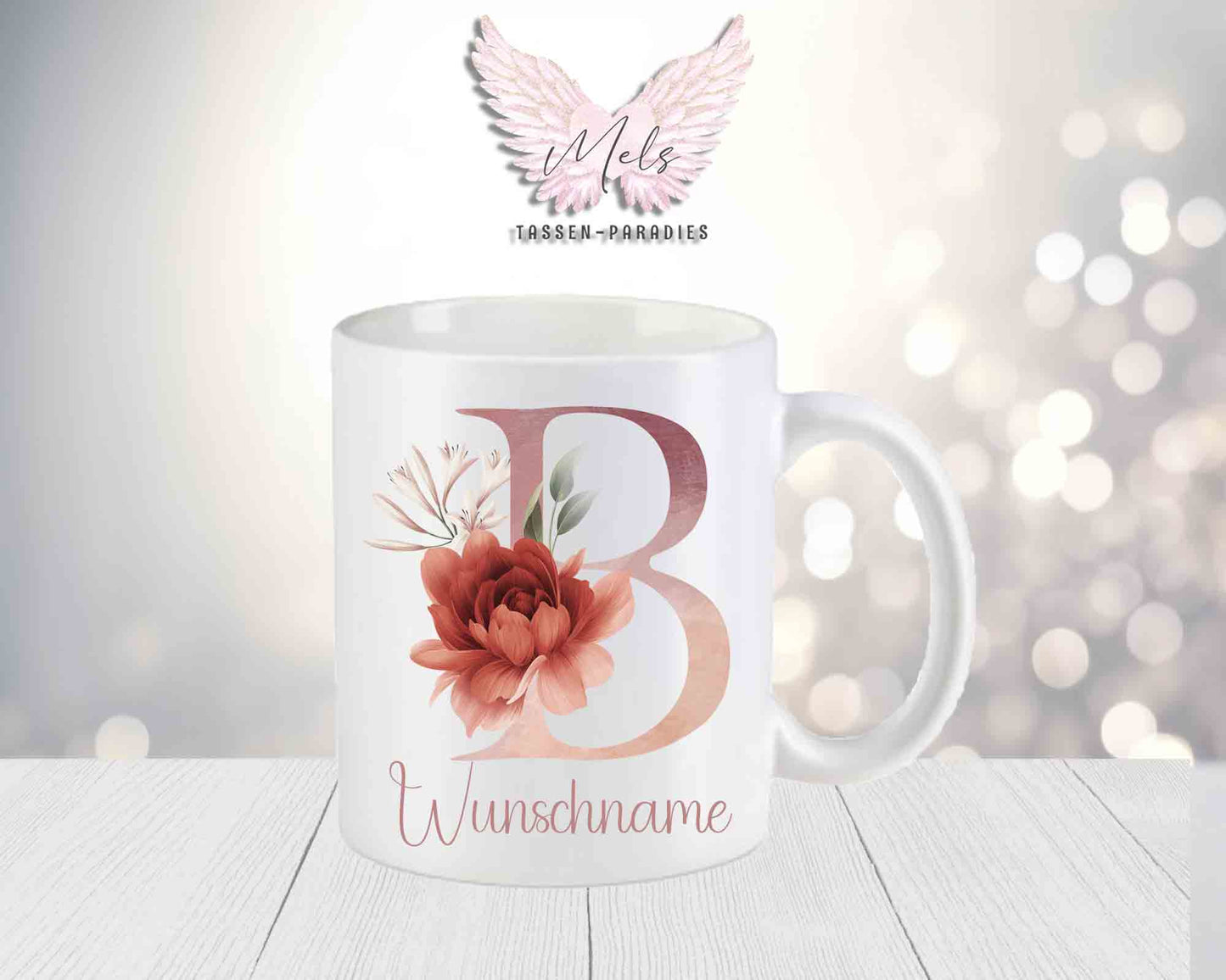 Personalisierte Keramik-Tasse in Weiß-Matt mit Blumen-Alphabet & Namen