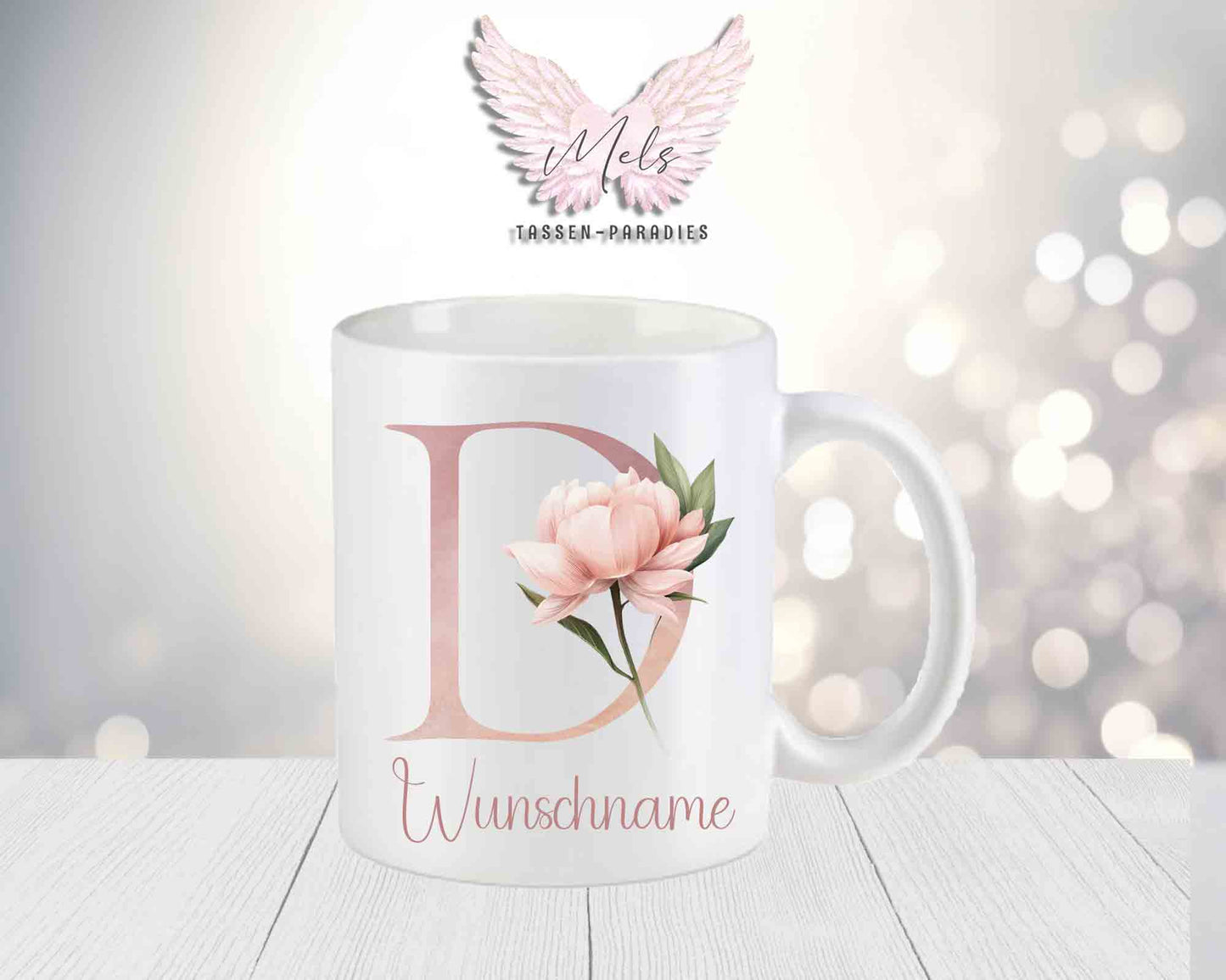 Personalisierte Keramik-Tasse in Weiß-Matt mit Blumen-Alphabet & Namen