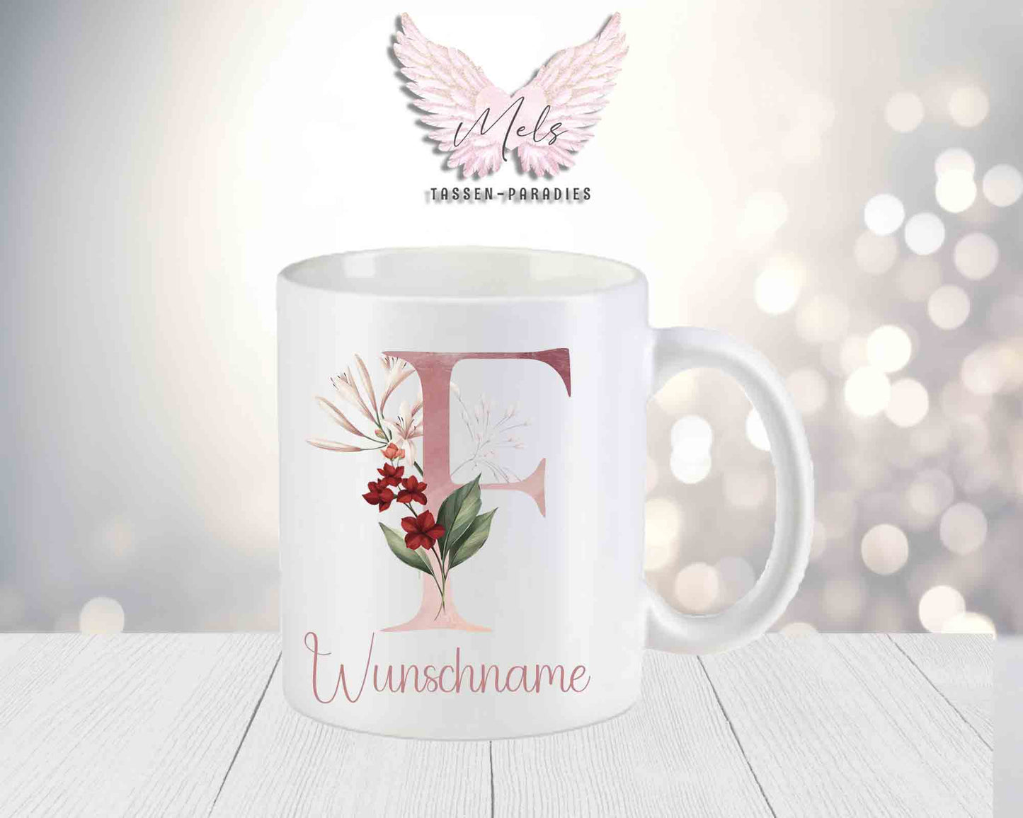 Personalisierte Keramik-Tasse in Weiß-Matt mit Blumen-Alphabet & Namen