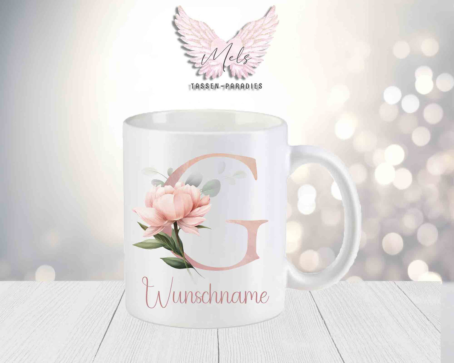 Personalisierte Keramik-Tasse in Weiß-Matt mit Blumen-Alphabet & Namen