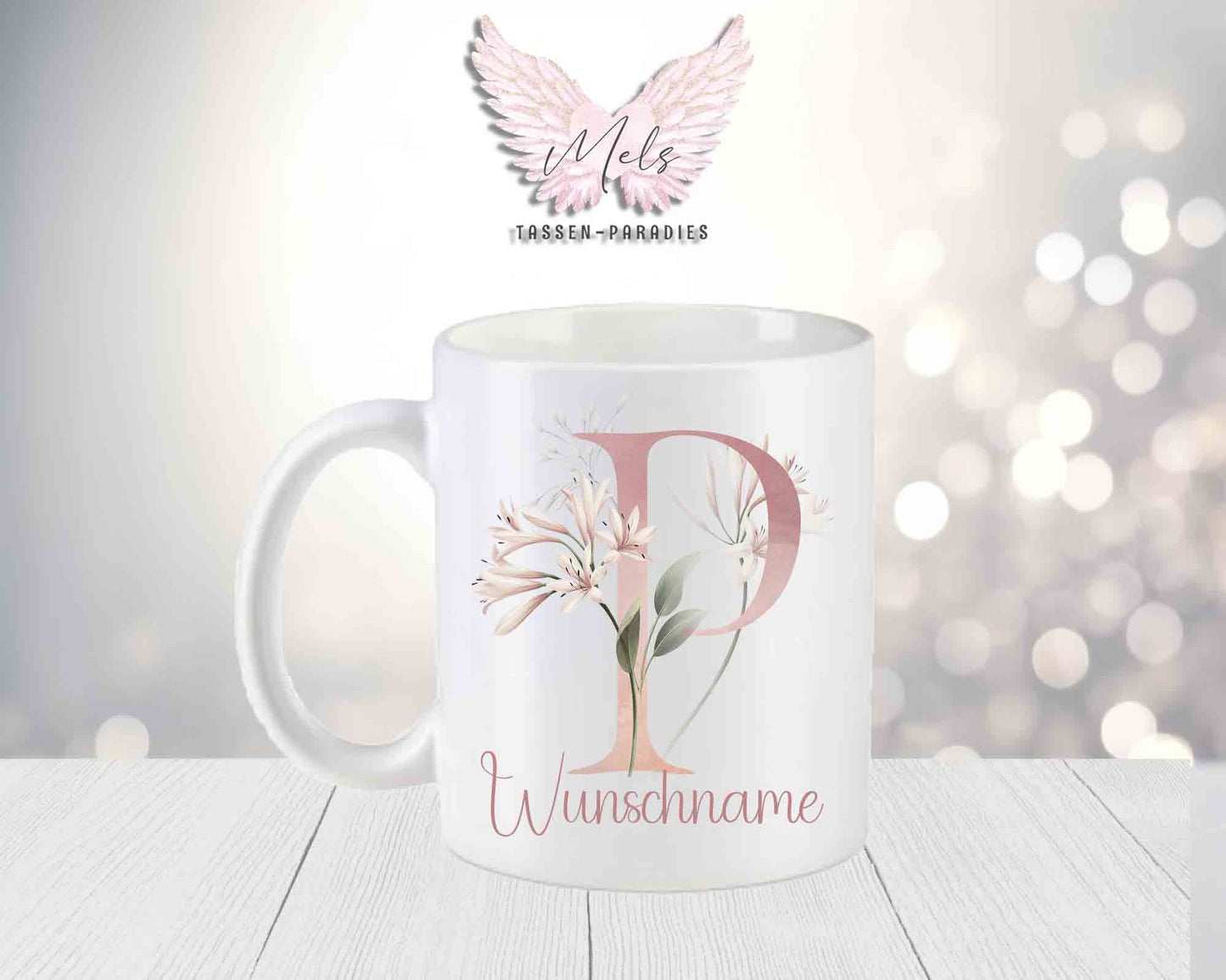 Personalisierte Keramik-Tasse in Weiß-Matt mit Blumen-Alphabet & Namen