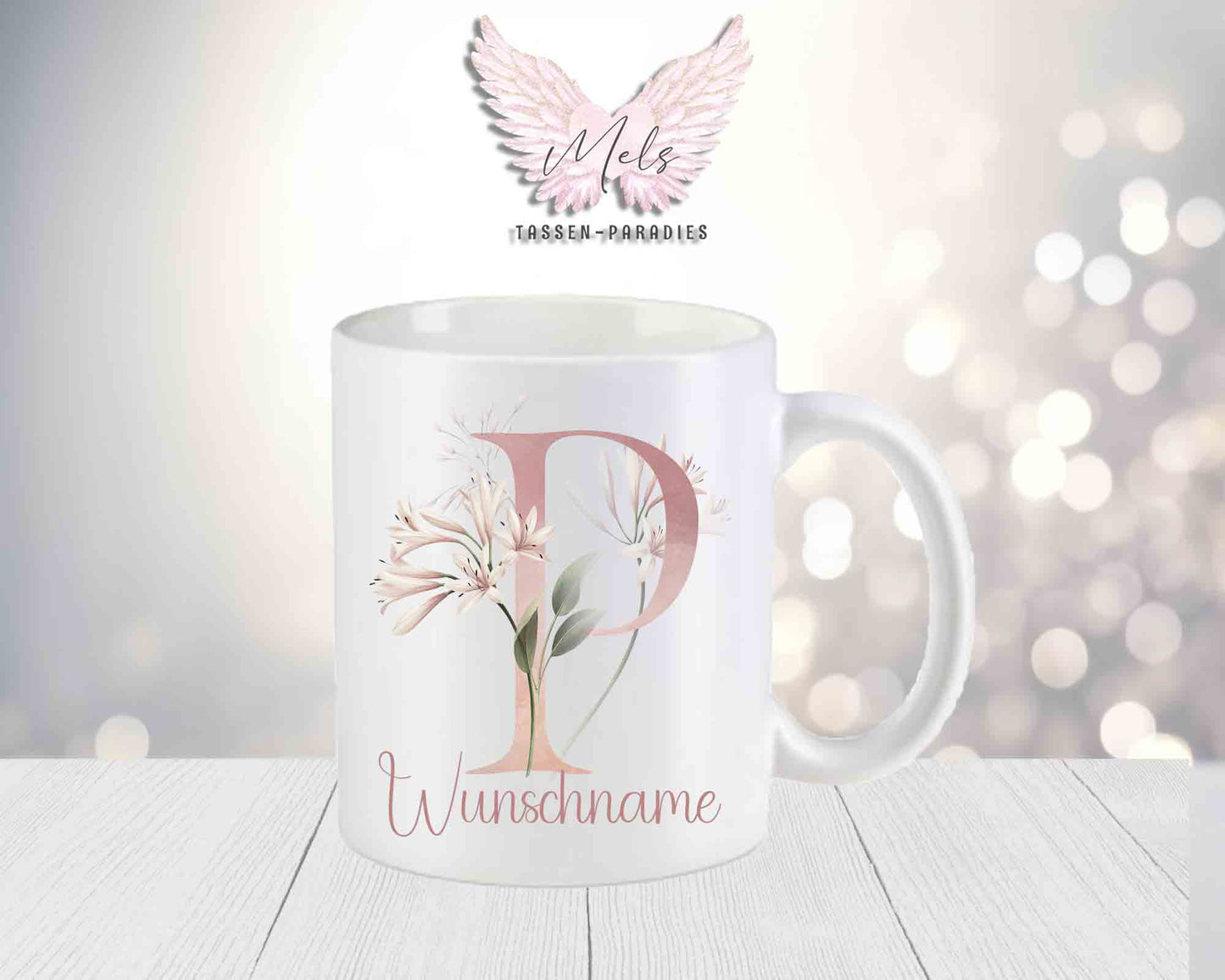 Personalisierte Keramik-Tasse in Weiß-Matt mit Blumen-Alphabet & Namen