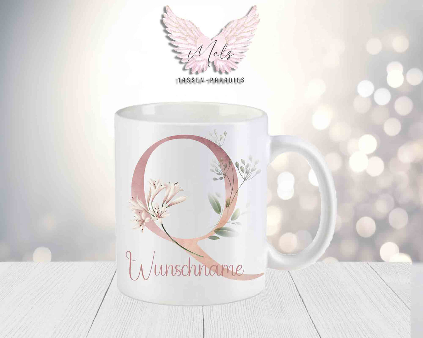 Personalisierte Keramik-Tasse in Weiß-Matt mit Blumen-Alphabet & Namen