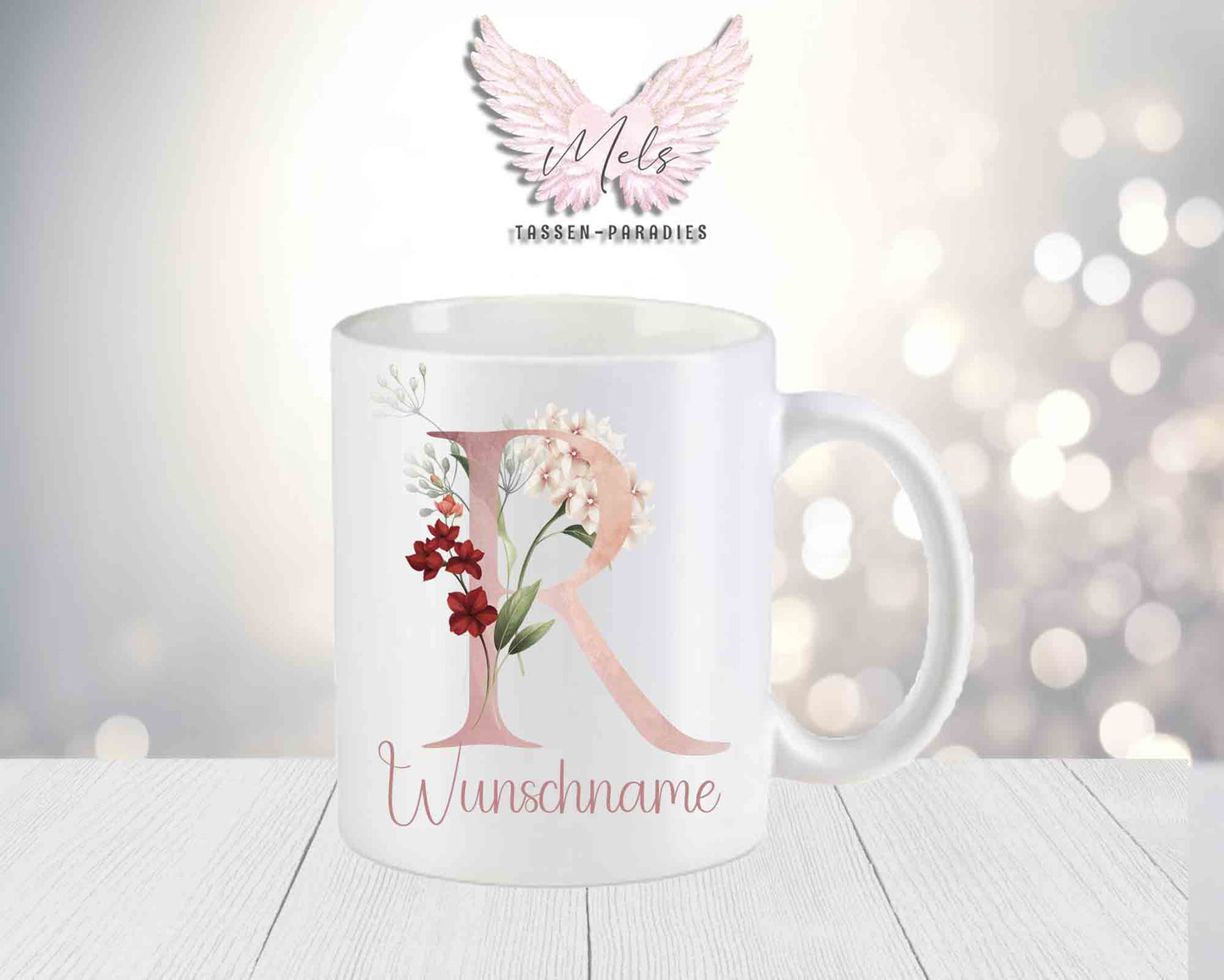 Personalisierte Keramik-Tasse in Weiß-Matt mit Blumen-Alphabet & Namen