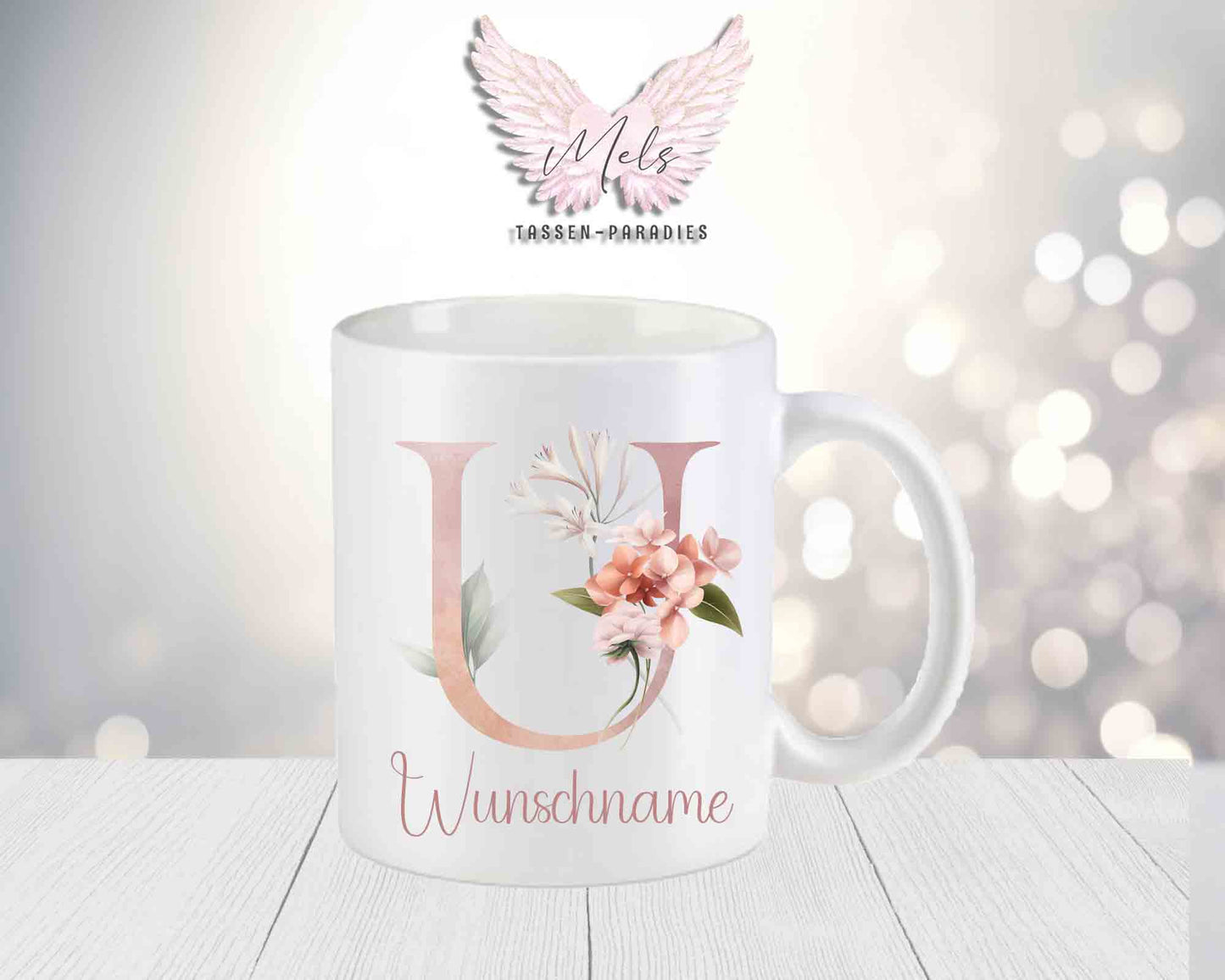 Personalisierte Keramik-Tasse in Weiß-Matt mit Blumen-Alphabet & Namen