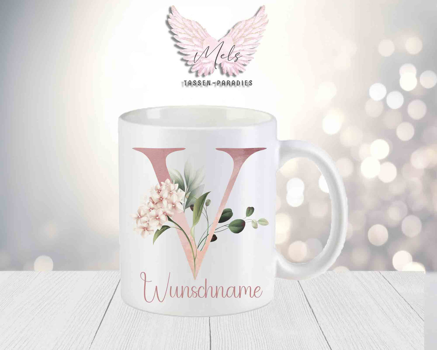 Personalisierte Keramik-Tasse in Weiß-Matt mit Blumen-Alphabet & Namen