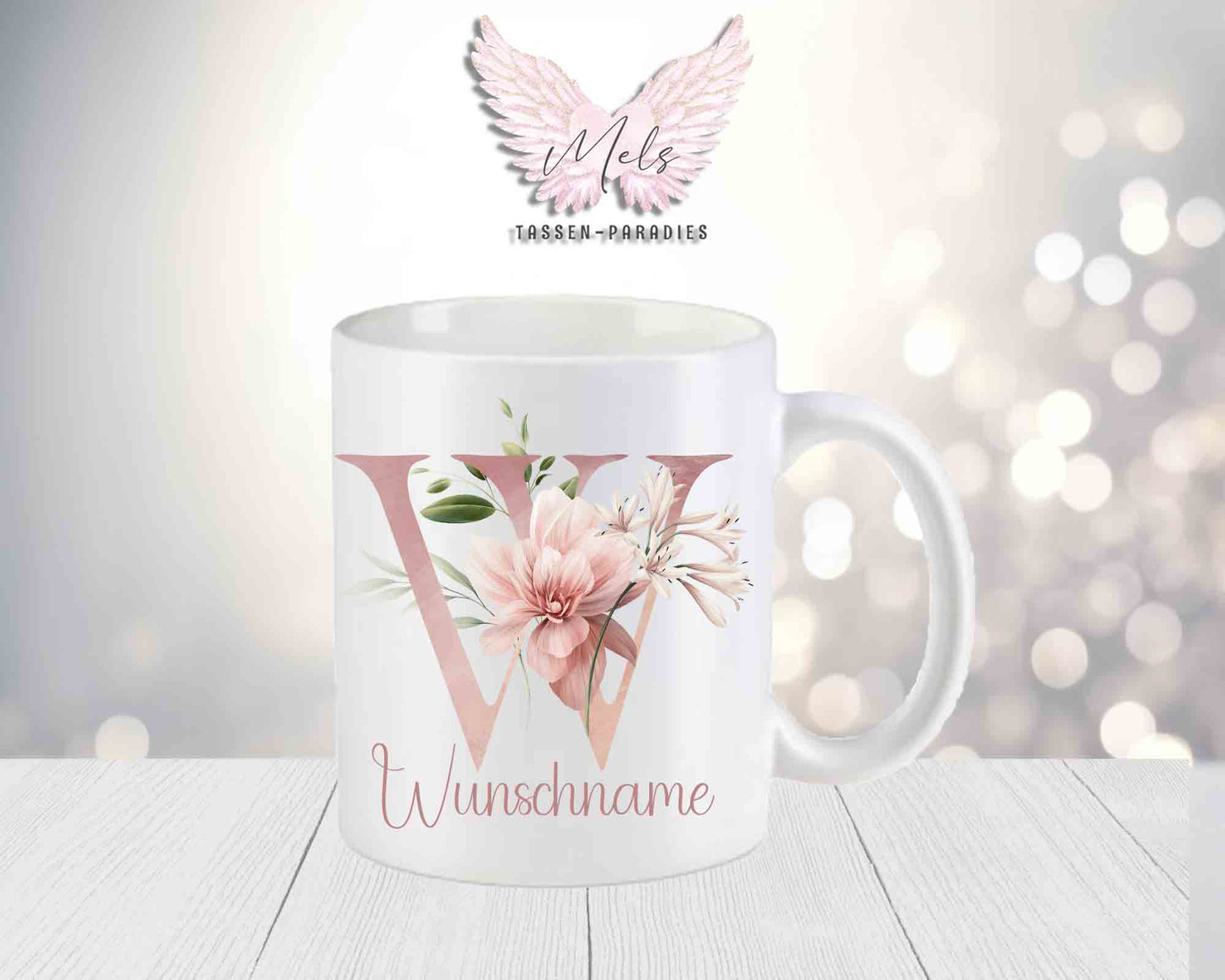 Personalisierte Keramik-Tasse in Weiß-Matt mit Blumen-Alphabet & Namen