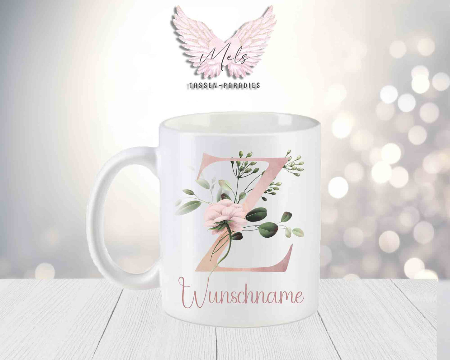 Personalisierte Keramik-Tasse in Weiß-Matt mit Blumen-Alphabet & Namen