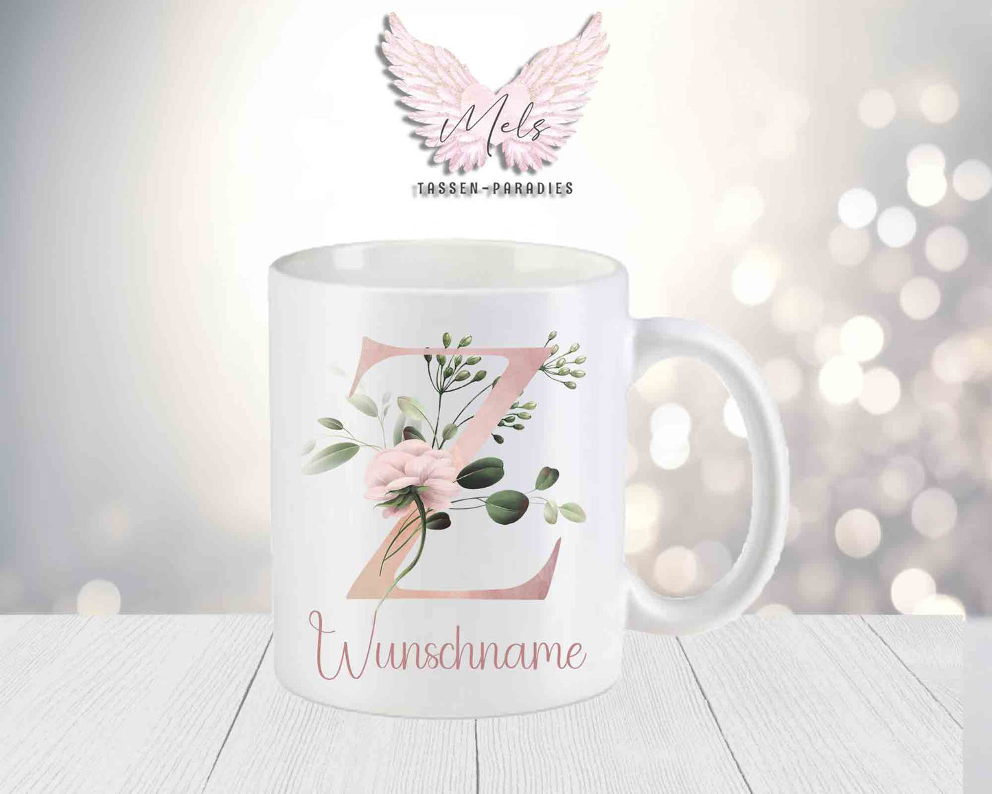 Personalisierte Keramik-Tasse in Weiß-Matt mit Blumen-Alphabet & Namen