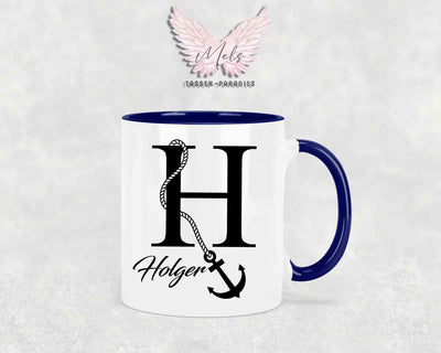 Anker-Alphabet mit Name - Personalisierte Keramik-Tasse Blau
